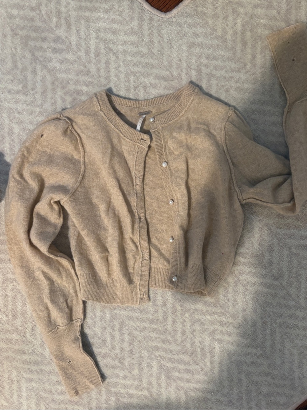 Free People Beige Cropped Pearl-Button Cardigan